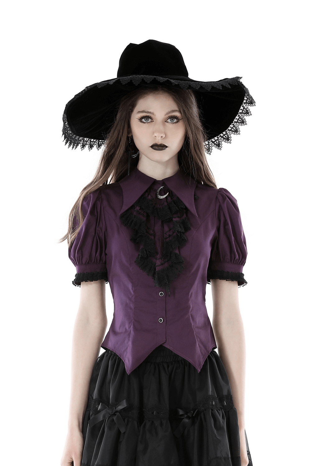 Gothic Lace-Trimmed Puff Sleeves Blouse with Victorian Ruffles