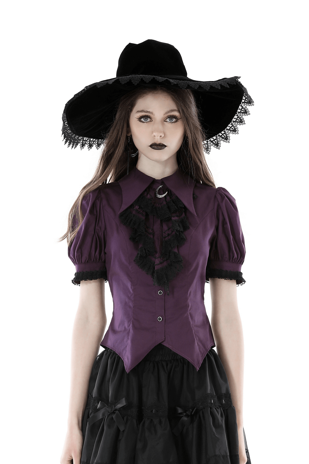 Gothic lace-trimmed puff sleeve blouse in dark purple, styled with a dramatic black hat and Victorian ruffles.