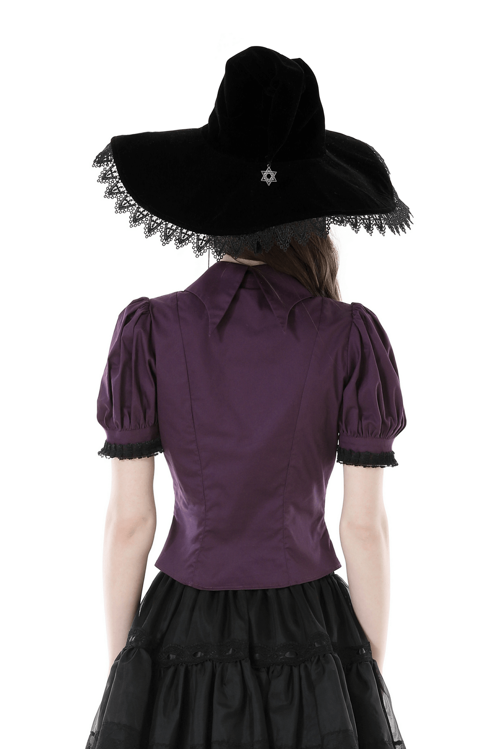 Back view of a vintage-inspired Gothic blouse with puff sleeves, paired with a black lace-trimmed velvet hat.