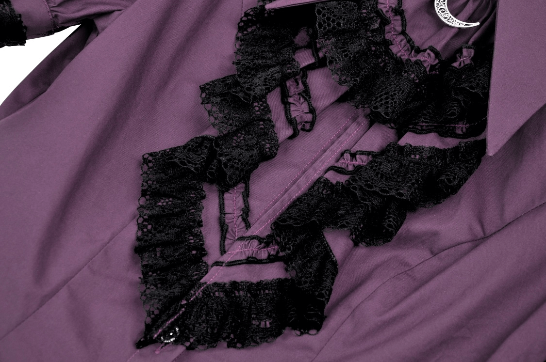 Gothic lace-trimmed blouse detail showcasing black lace ruffles against rich purple fabric, perfect for vintage enthusiasts.
