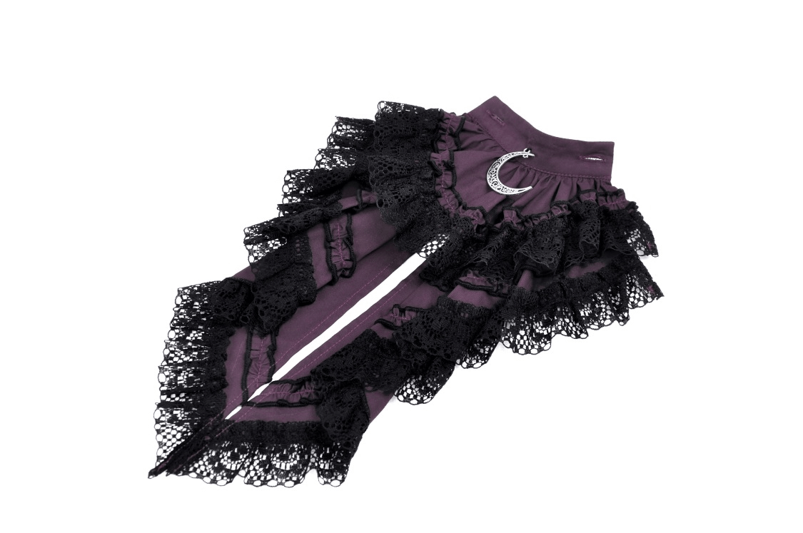 Gothic lace-trimmed puff sleeves blouse in dark purple with crescent moon pendant and Victorian ruffles.