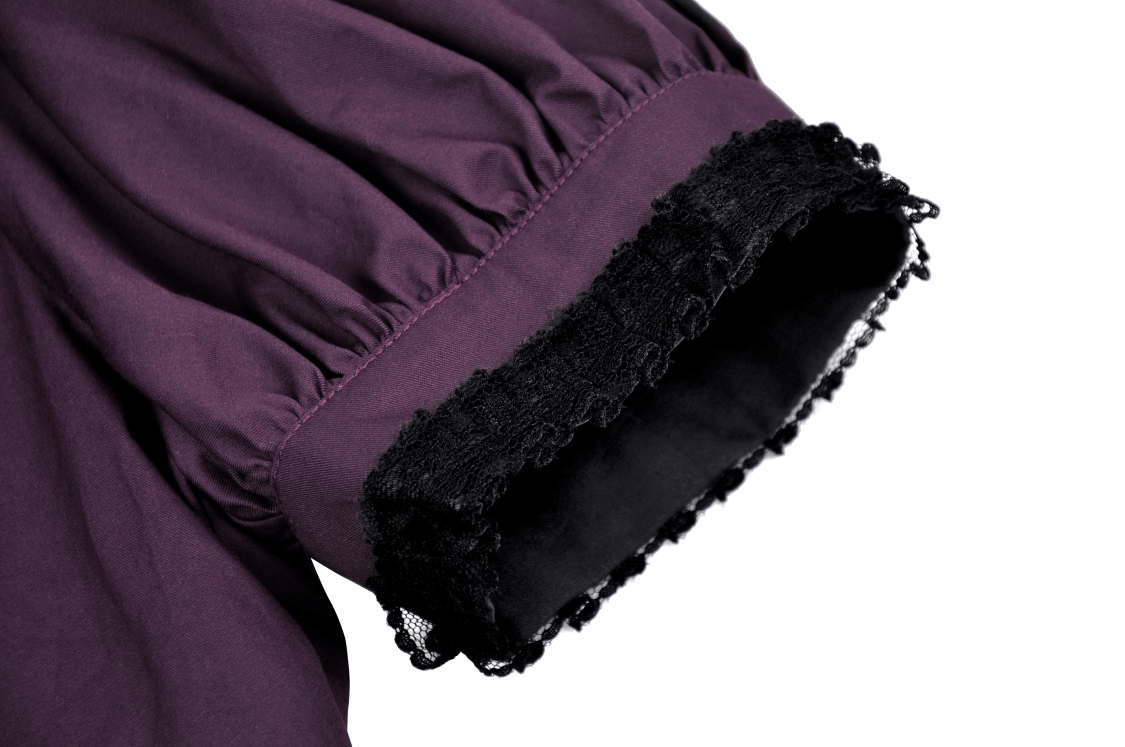 Close-up of gothic lace-trimmed sleeve in rich dark purple, showcasing elegant Victorian ruffles and puff sleeve design.