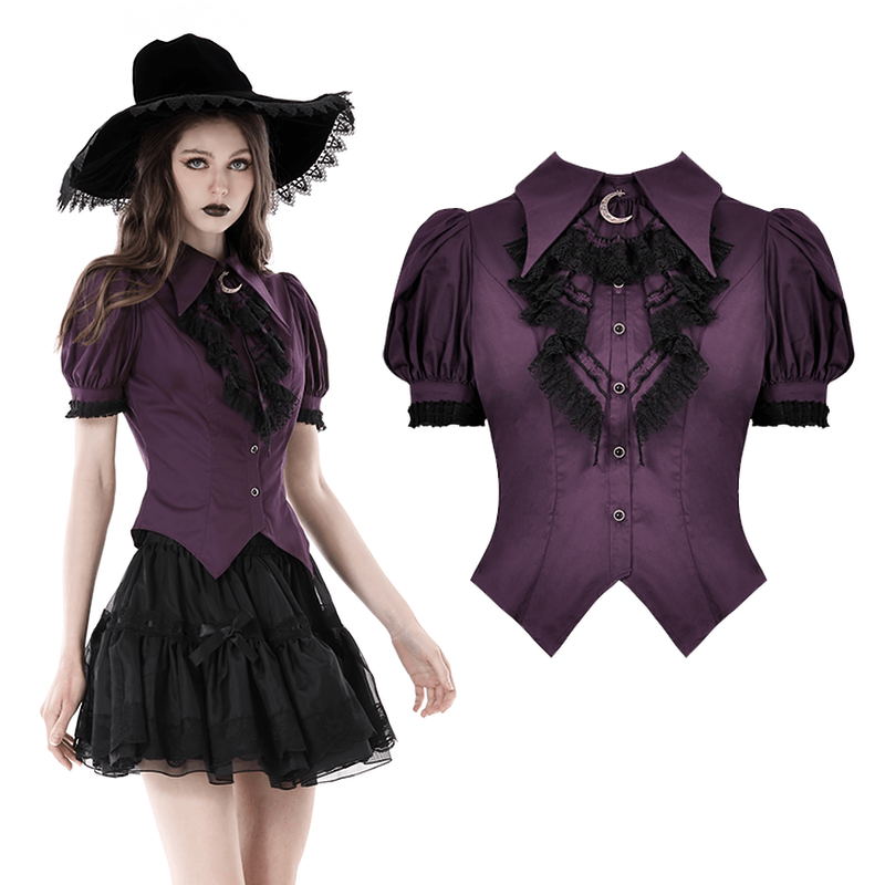 Gothic lace-trimmed purple blouse with puff sleeves and Victorian ruffles, styled with a black hat for a vintage look.