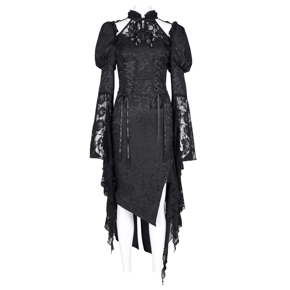 Gothic lace-up asymmetrical dress with flared sleeves, corset lacing, and lace details, perfect for dark Victorian fashion.