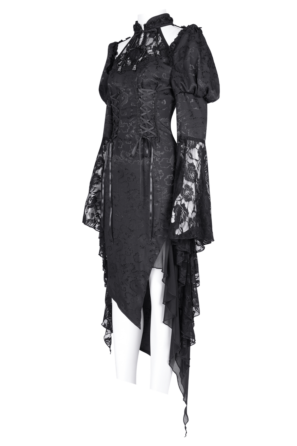Gothic lace-up asymmetrical dress with flared sleeves, featuring black lace and corset details for dark romance.