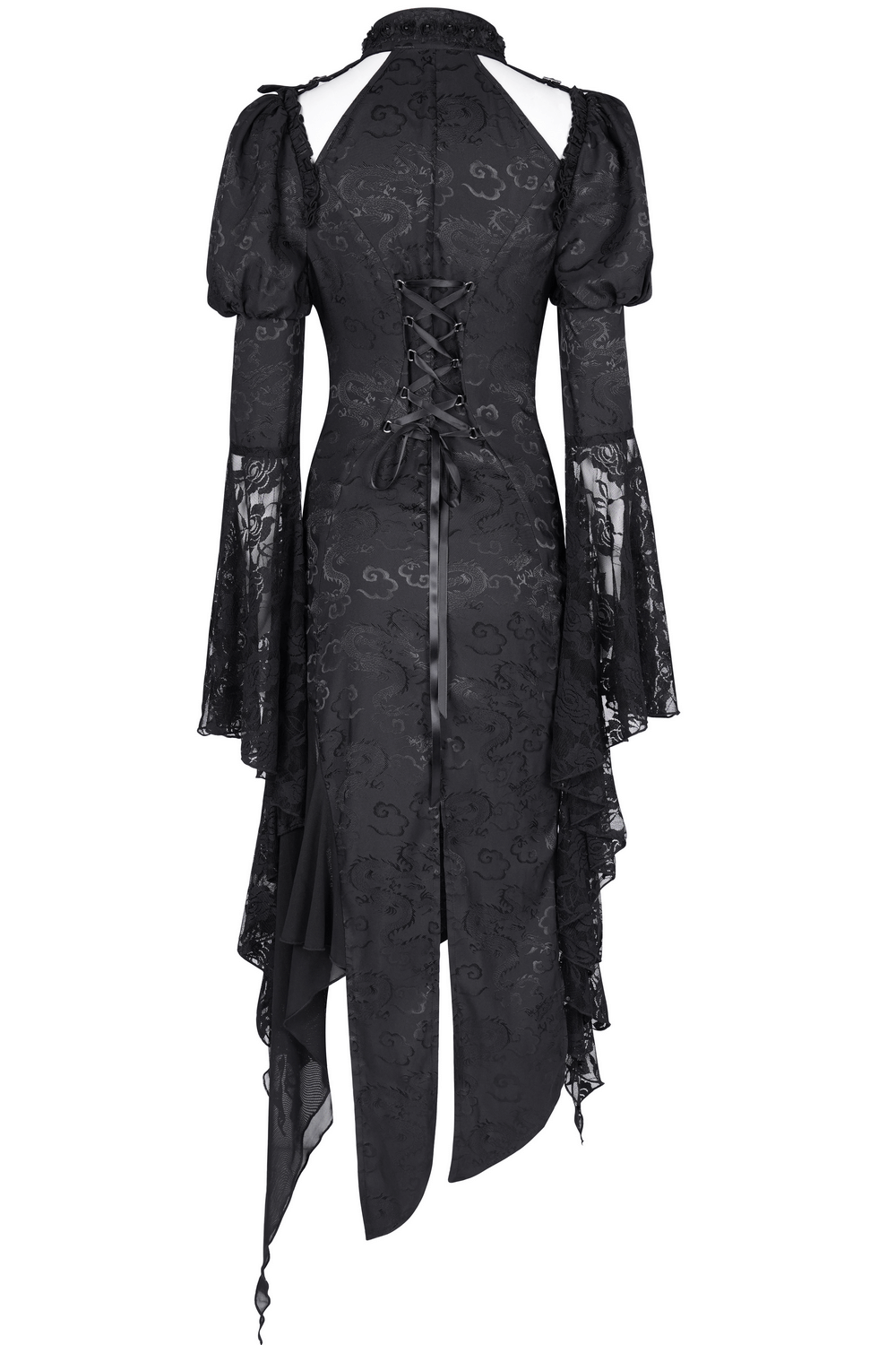 Gothic lace-up asymmetrical dress with flared sleeves and intricate lace details, perfect for dark romance.