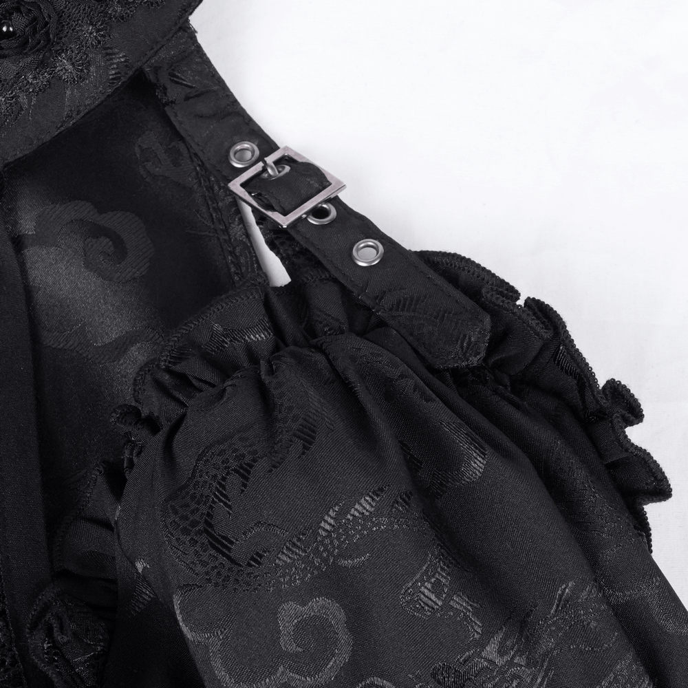 Close-up of gothic lace-up dress detailing, showcasing corset lacing and puffed sleeves for Victorian elegance.
