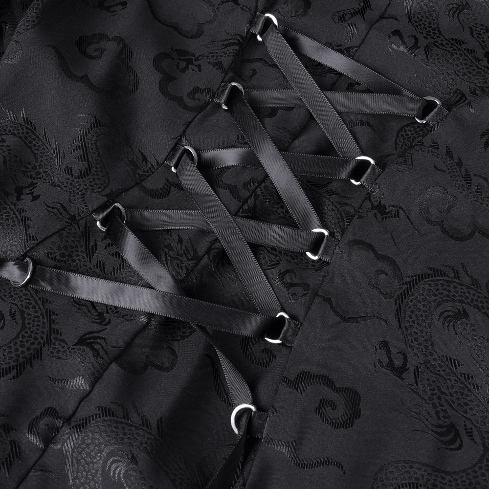 Close-up of gothic lace-up corset detailing on a black dress, showcasing intricate ribbon lacing and elegant fabric.
