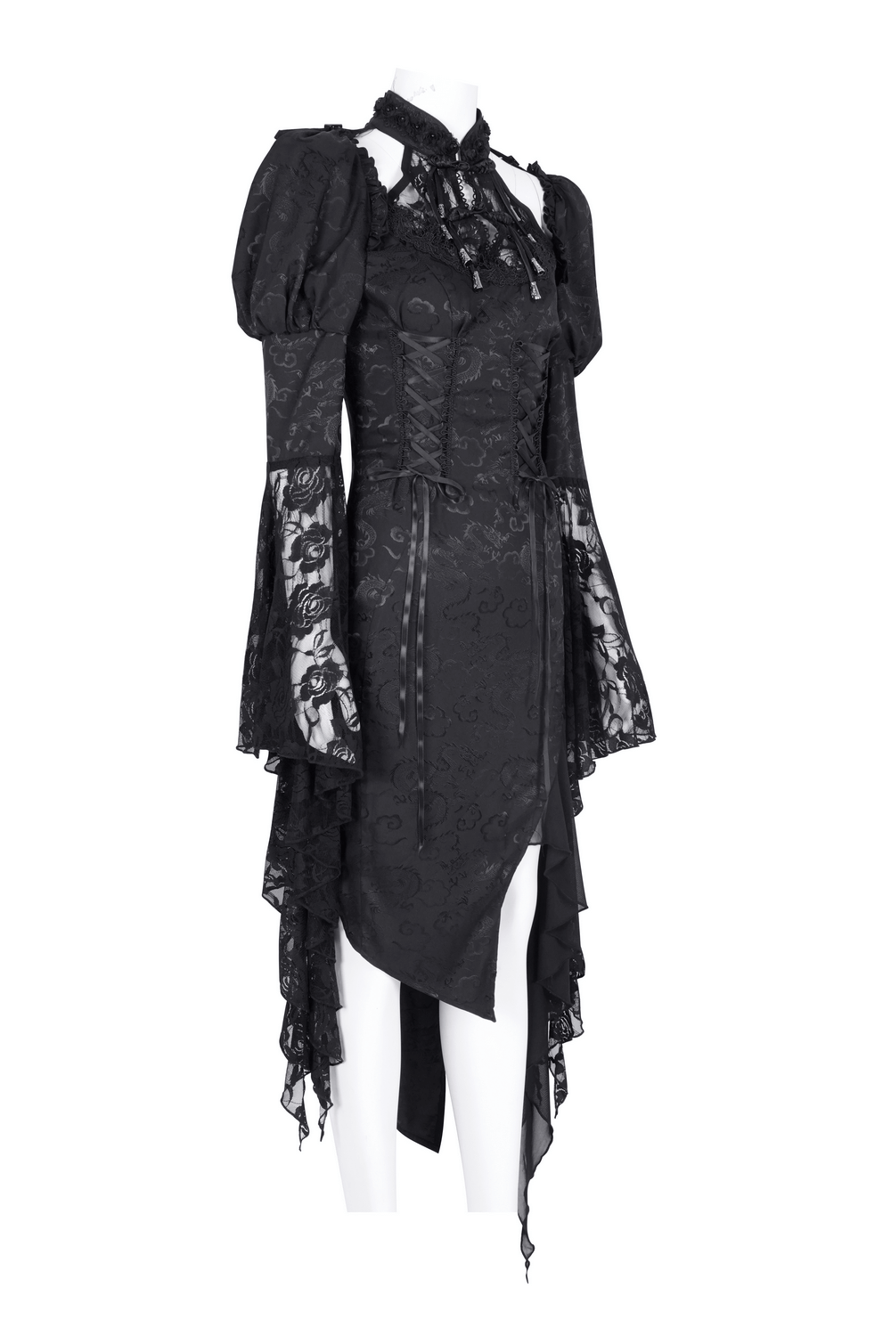 Gothic lace-up asymmetrical dress with flared sleeves and dark Victorian-inspired details.