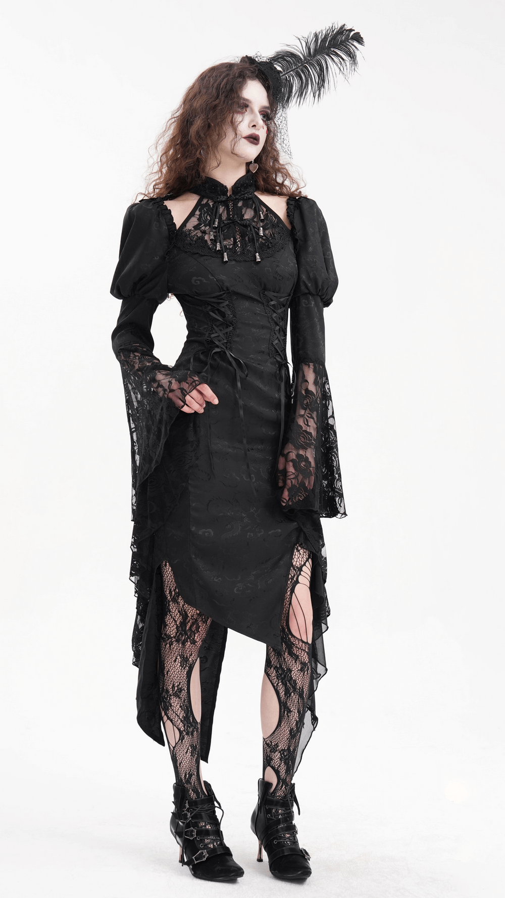 Gothic lace-up asymmetrical dress with flared lace sleeves and dark Victorian-inspired details.