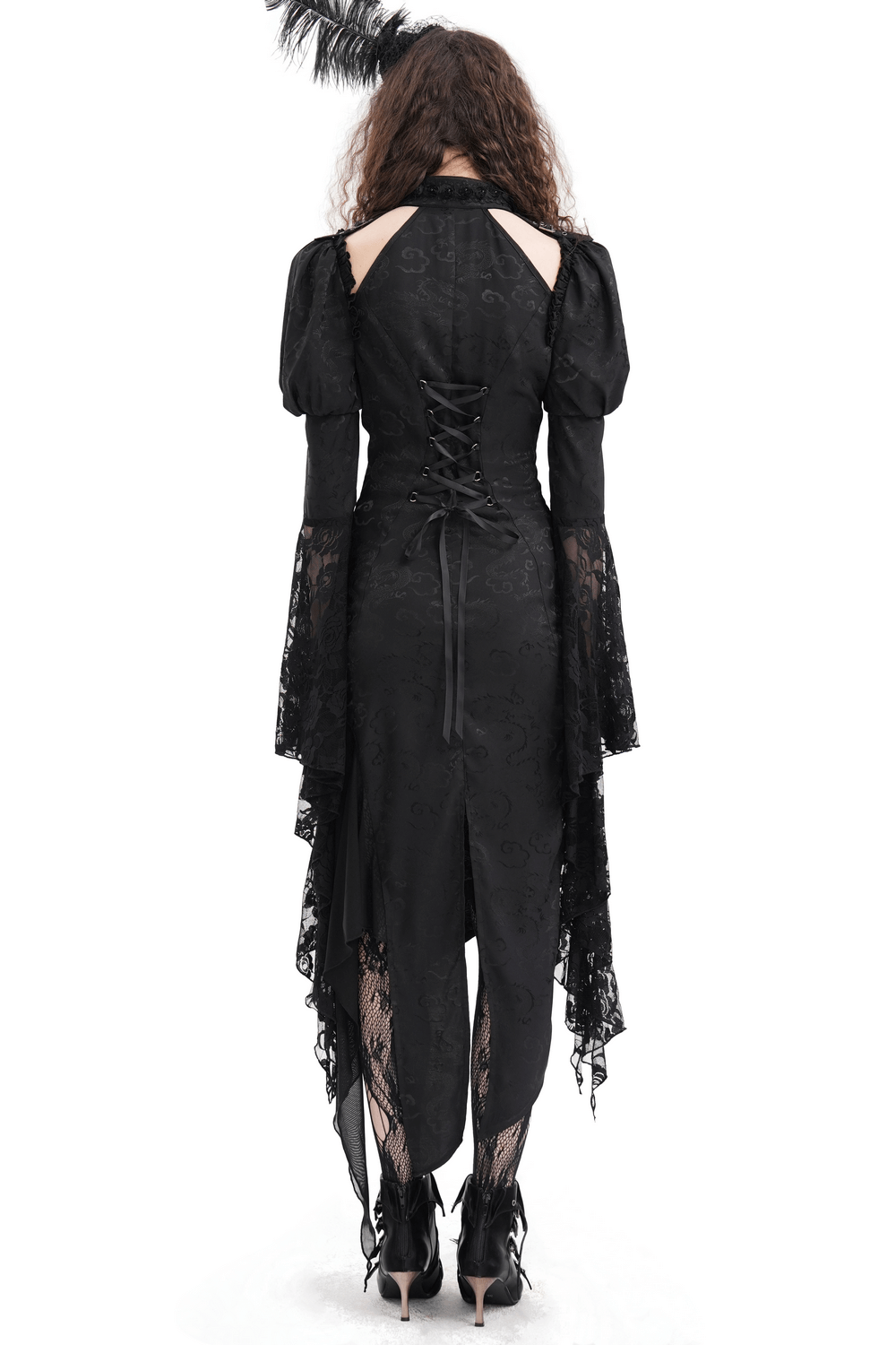 Back view of a gothic lace-up dress with asymmetrical hem and flared lace sleeves, perfect for Victorian-inspired looks.