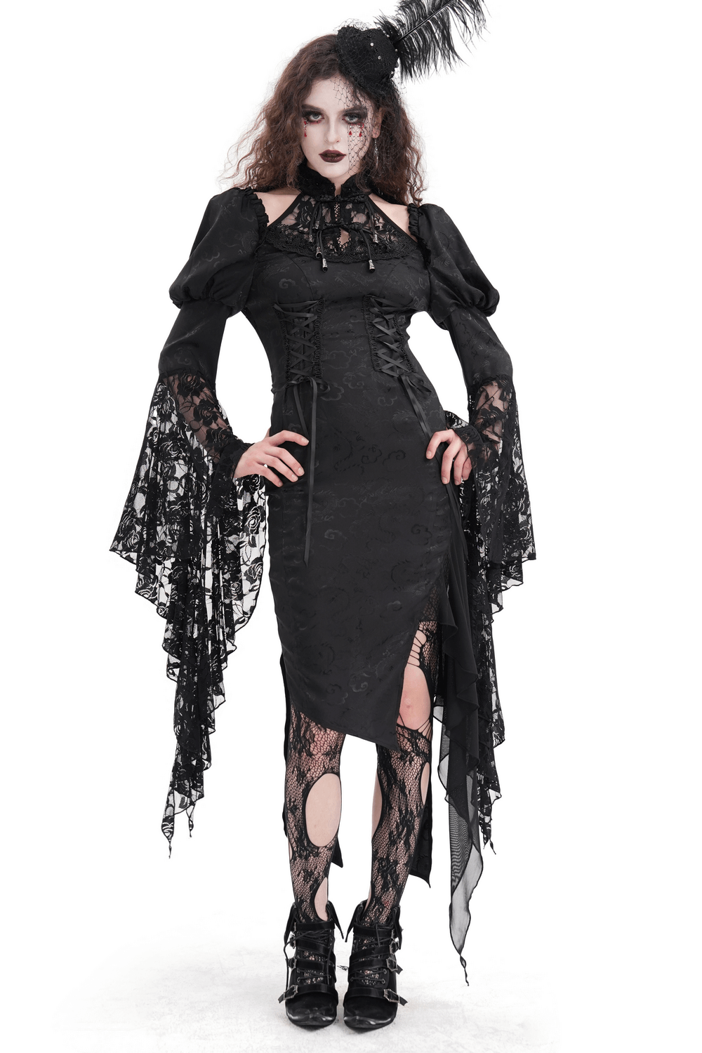 Gothic lace-up asymmetrical dress with flared lace sleeves and corset details, perfect for dark Victorian-inspired fashion.