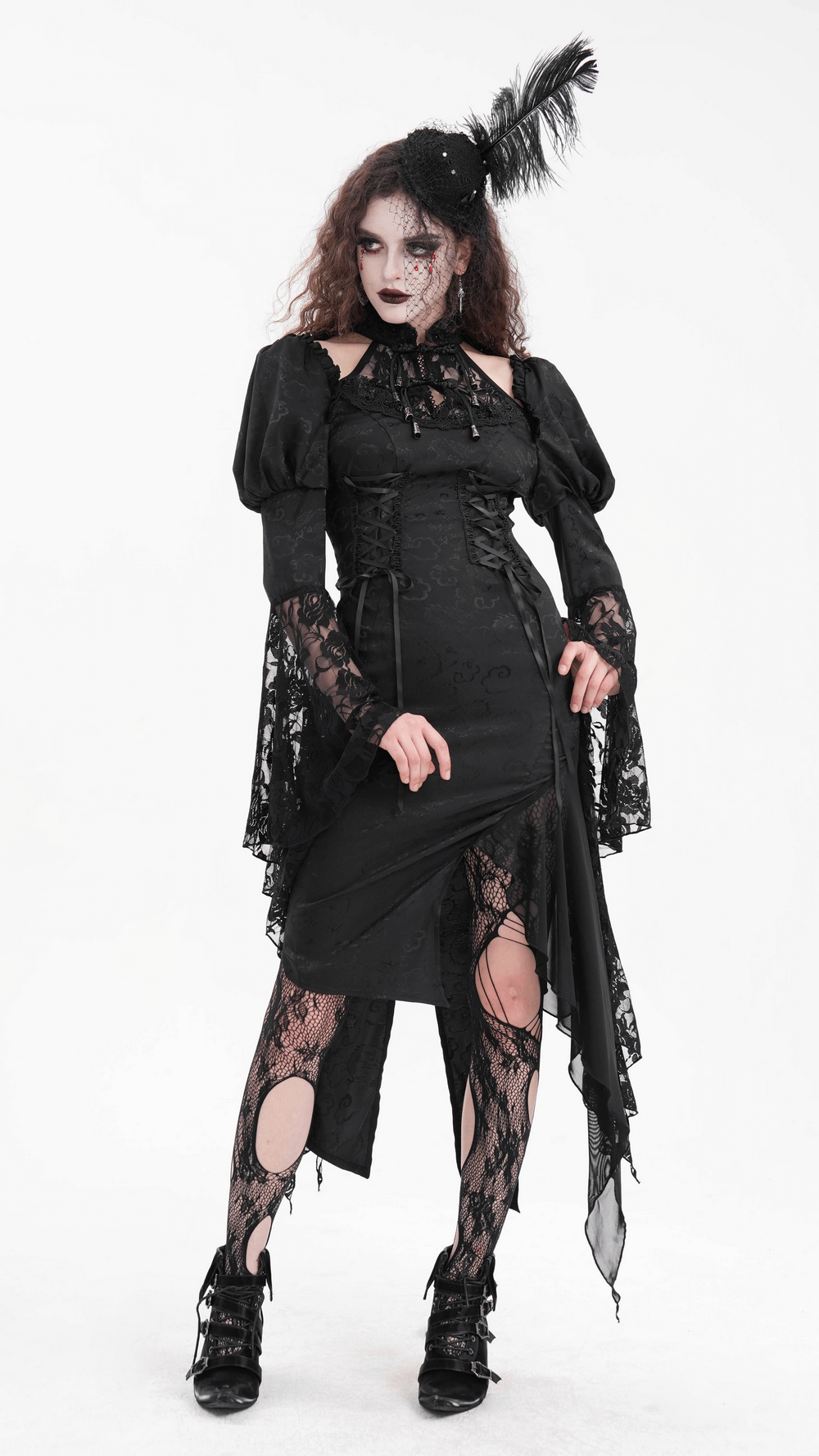 Gothic lace-up asymmetrical dress with flared sleeves, dark Victorian style and dramatic lace details.