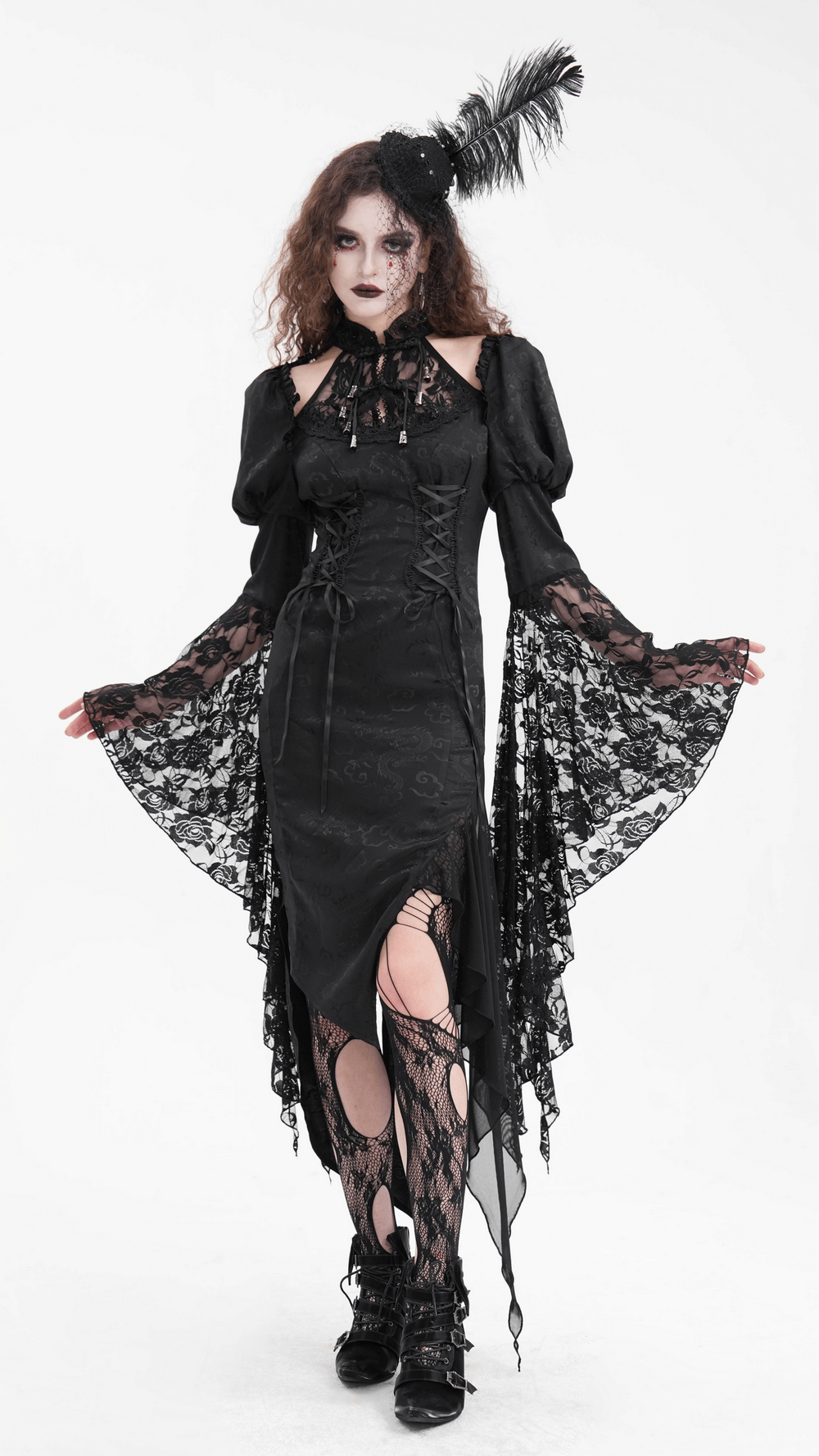 Gothic lace-up asymmetrical dress with flared lace sleeves and corset lacing, perfect for dark romantic vibes.