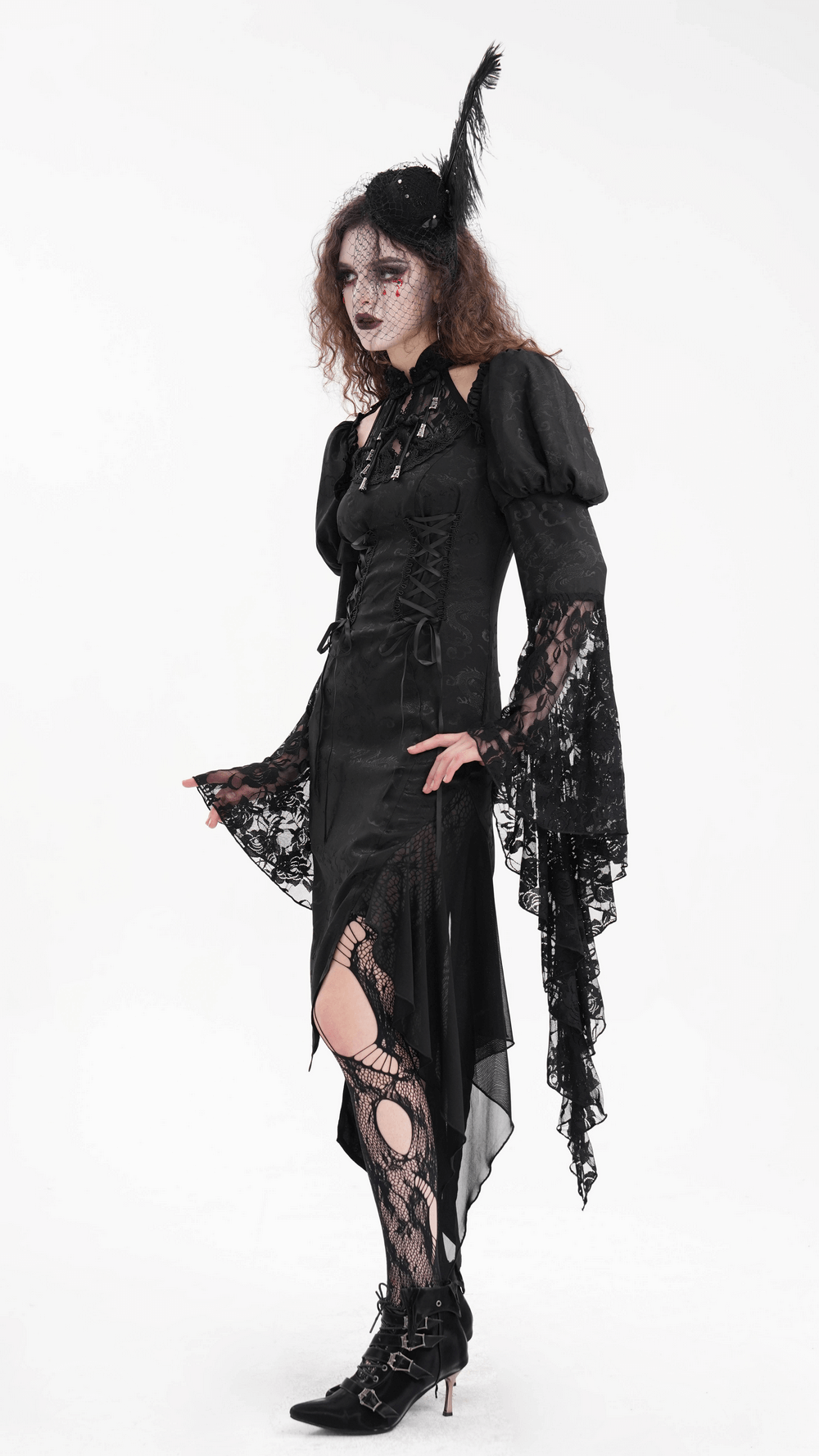 Gothic lace-up asymmetrical dress with flared sleeves, featuring rich black lace and Victorian-inspired elegance.