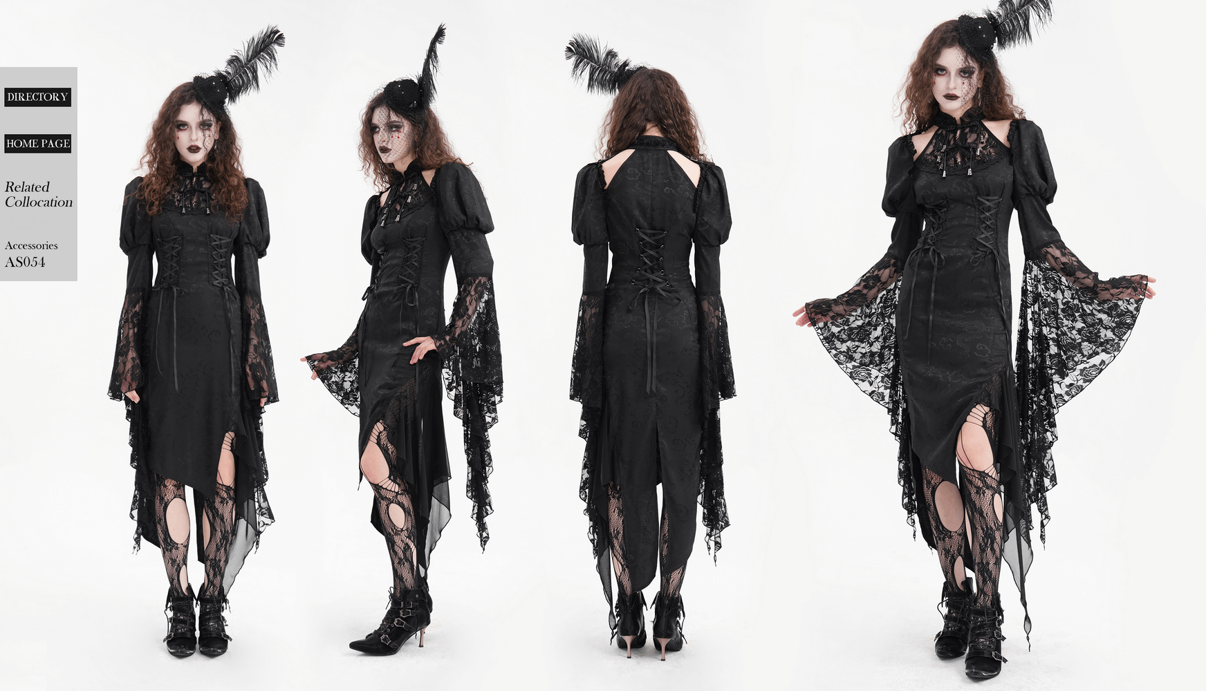 Gothic lace-up asymmetrical dress with flared sleeves and lace details, perfect for dark romantic events.
