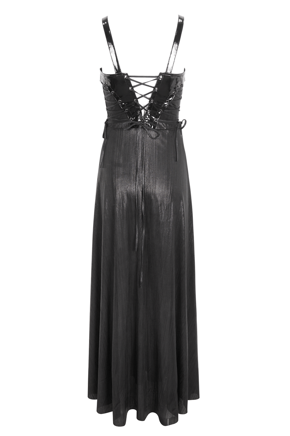 Elegant gothic long dress with lace-up back and adjustable straps, perfect for dark-themed parties and weddings.