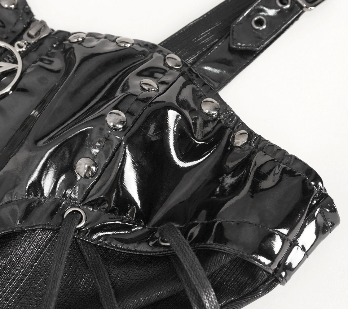 Close-up of gothic lace-up back dress showcasing shiny corset detailing and adjustable straps for a trendy look.