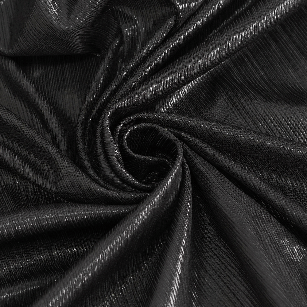Luxurious black fabric with a shiny texture, perfect for gothic fashion and elegant dressmaking.