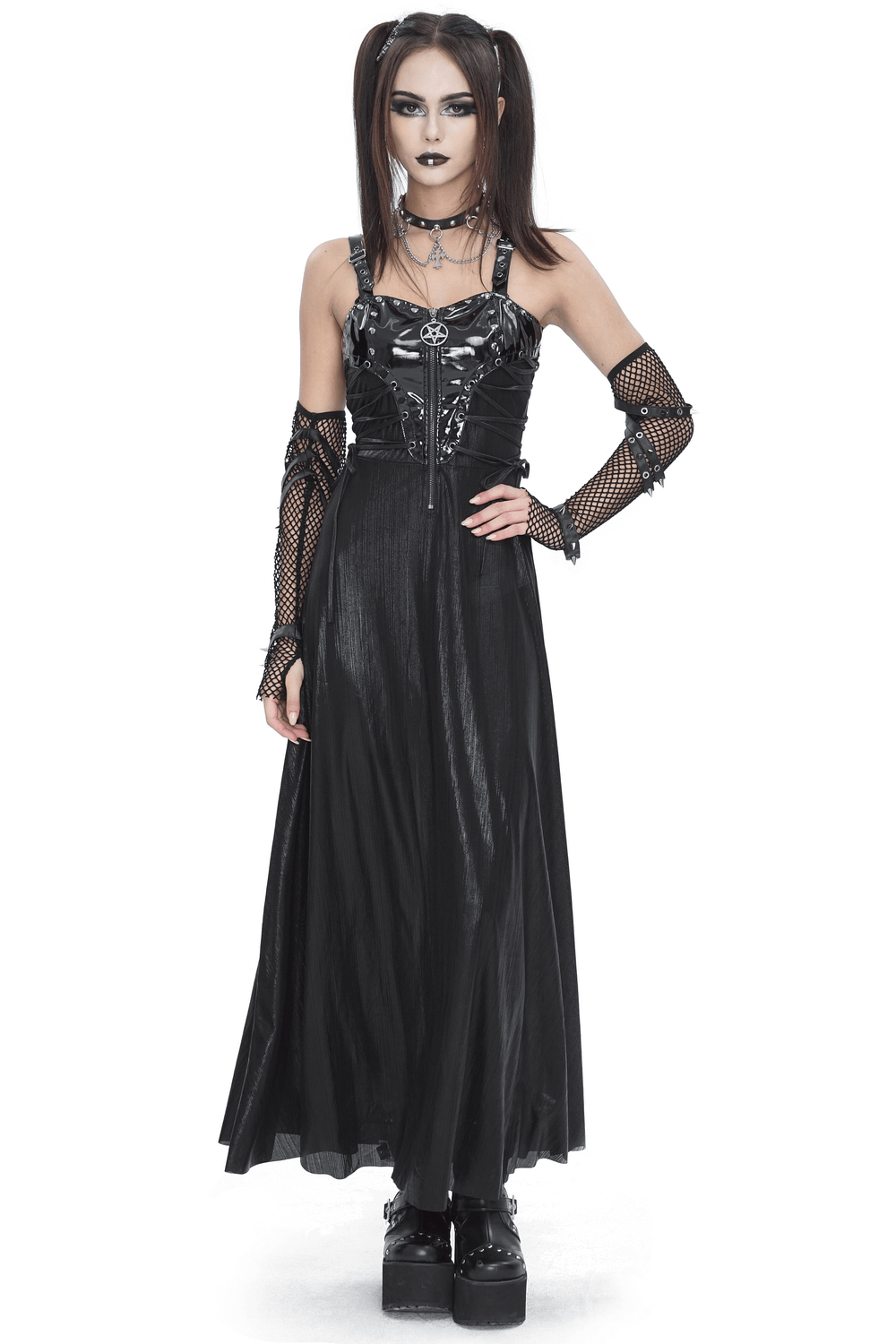 Gothic lace-up back dress with corset detailing and adjustable straps, perfect for dark-themed events.