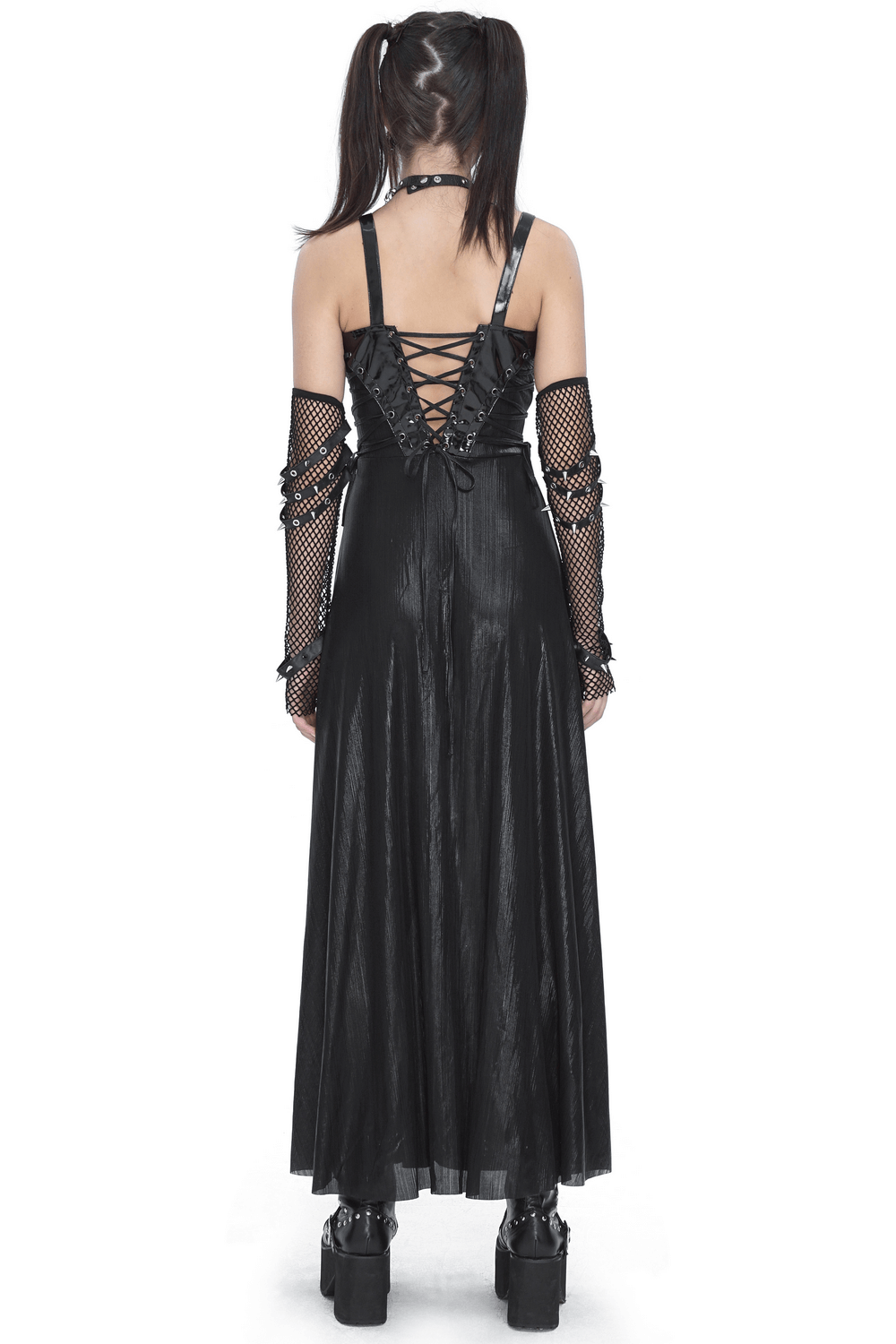 Gothic lace-up back dress featuring adjustable straps and corset detailing, perfect for elegant goth style.