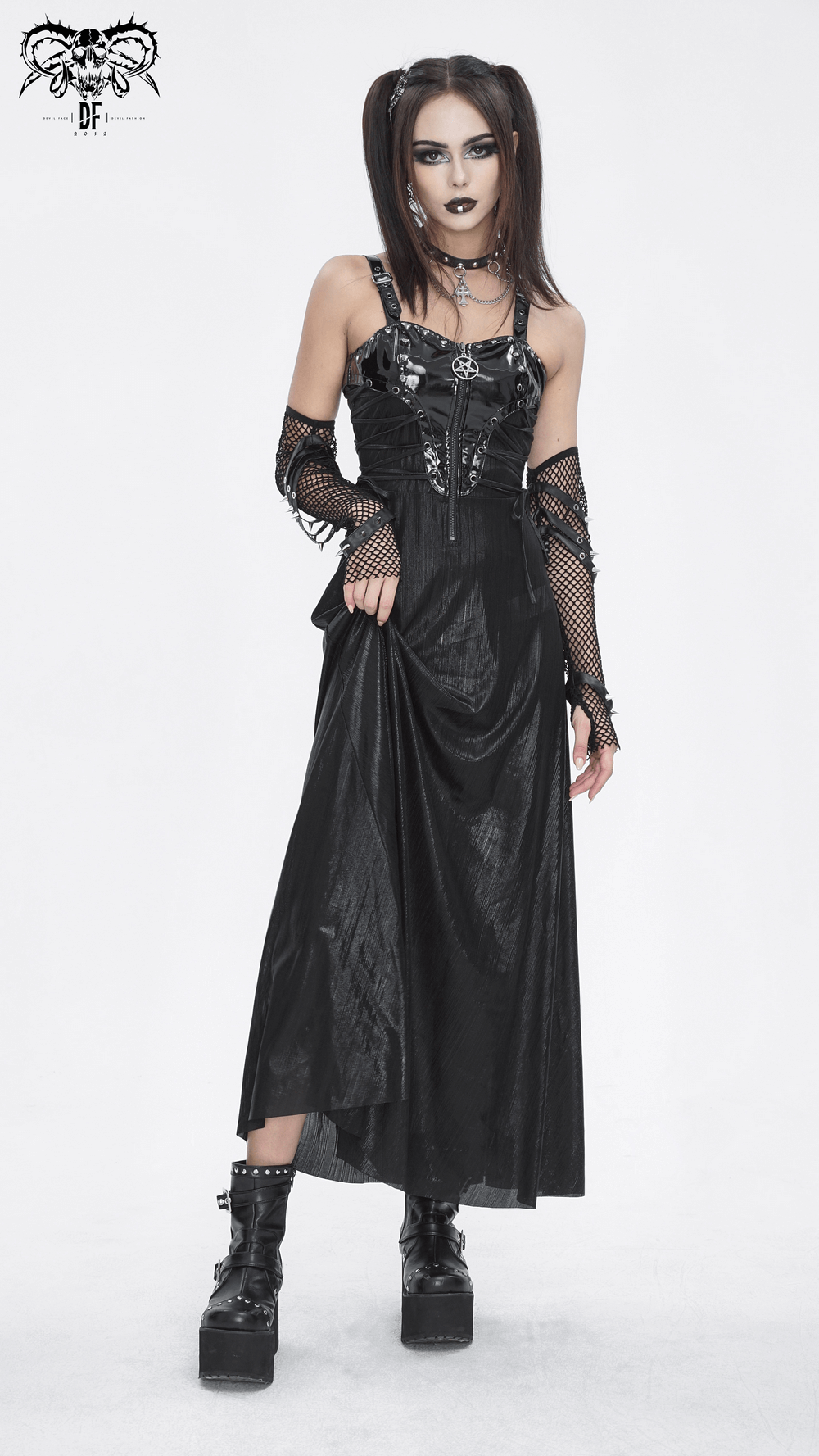 Gothic lace-up back dress with adjustable straps, corset detailing, and stylish fishnet accessories.