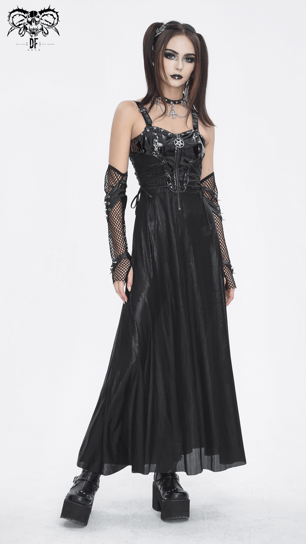 Gothic lace-up back dress with adjustable straps, corset detailing, and flowy skirt for elegant occasions.