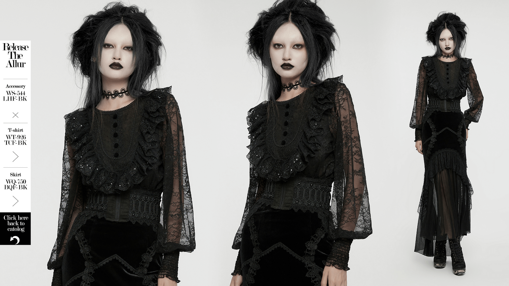 Gothic model wearing a black lace corset belt with rivet details, exuding dark elegance and Victorian flair.