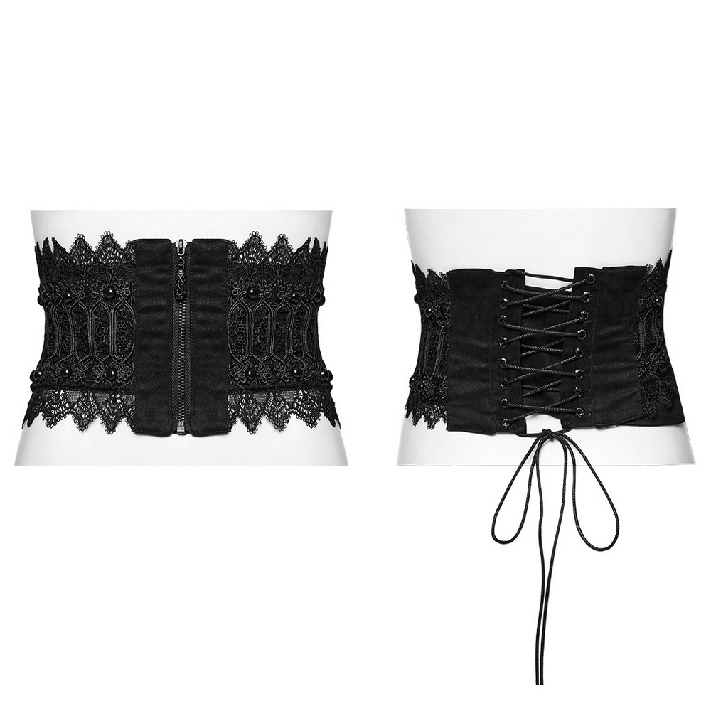 Gothic lace-up black corset belt with rivet details for a sophisticated Victorian look.