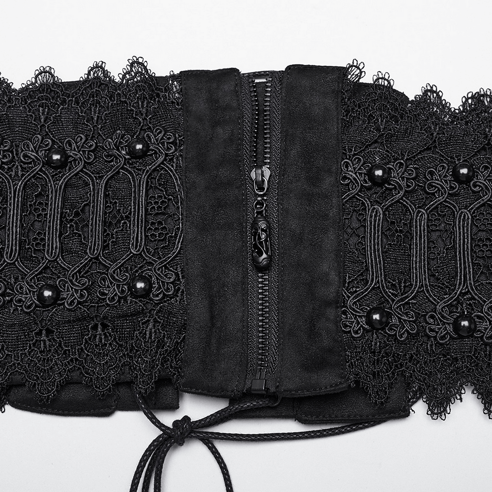 Gothic lace-up black corset belt with rivet details and intricate lace designs.