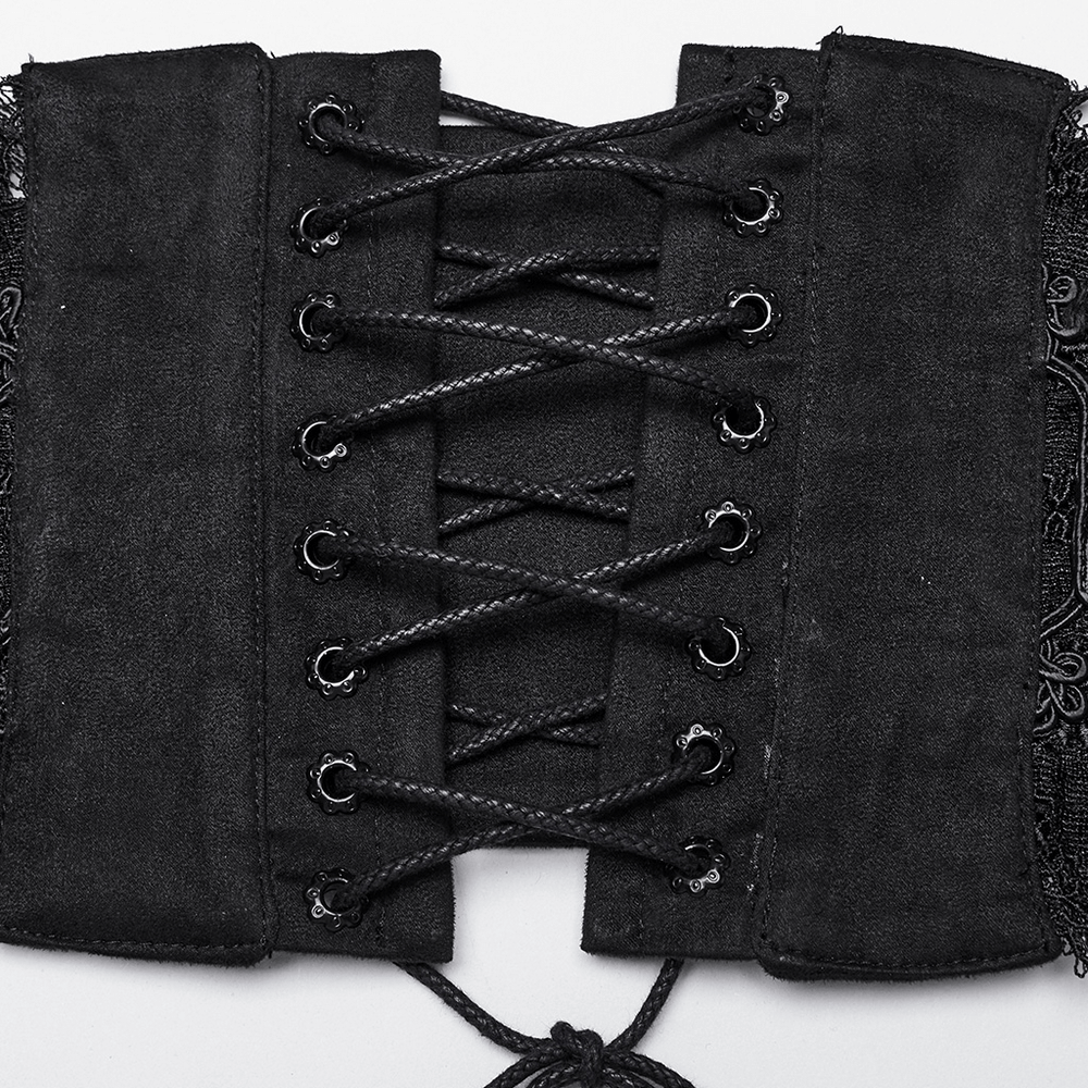 Gothic lace-up black corset belt featuring rivet details and sophisticated design elements.