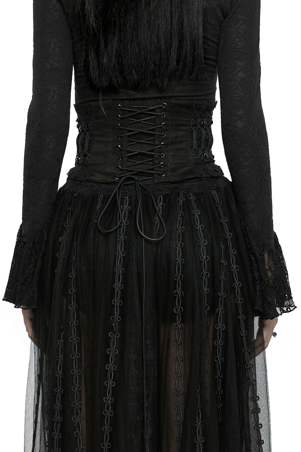 Back view of a gothic lace-up black corset belt, showcasing rivet details and a flowing sheer skirt.