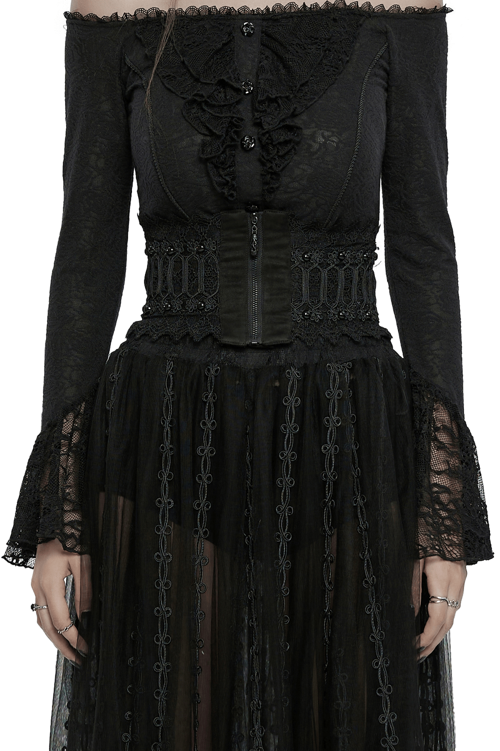 Gothic lace-up black corset belt with rivet details, elegant Victorian lace overlay dress.