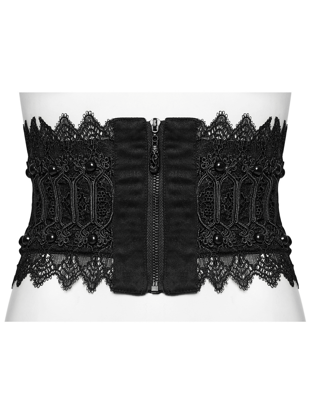 Victorian Gothic lace-up black corset belt with rivets and intricate lace details, perfect for adding elegance.