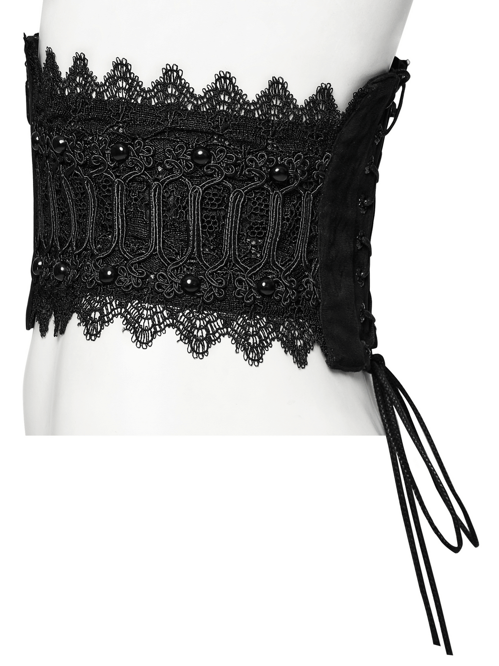 Victorian Gothic lace-up black corset belt with rivet details and elegant lace design.