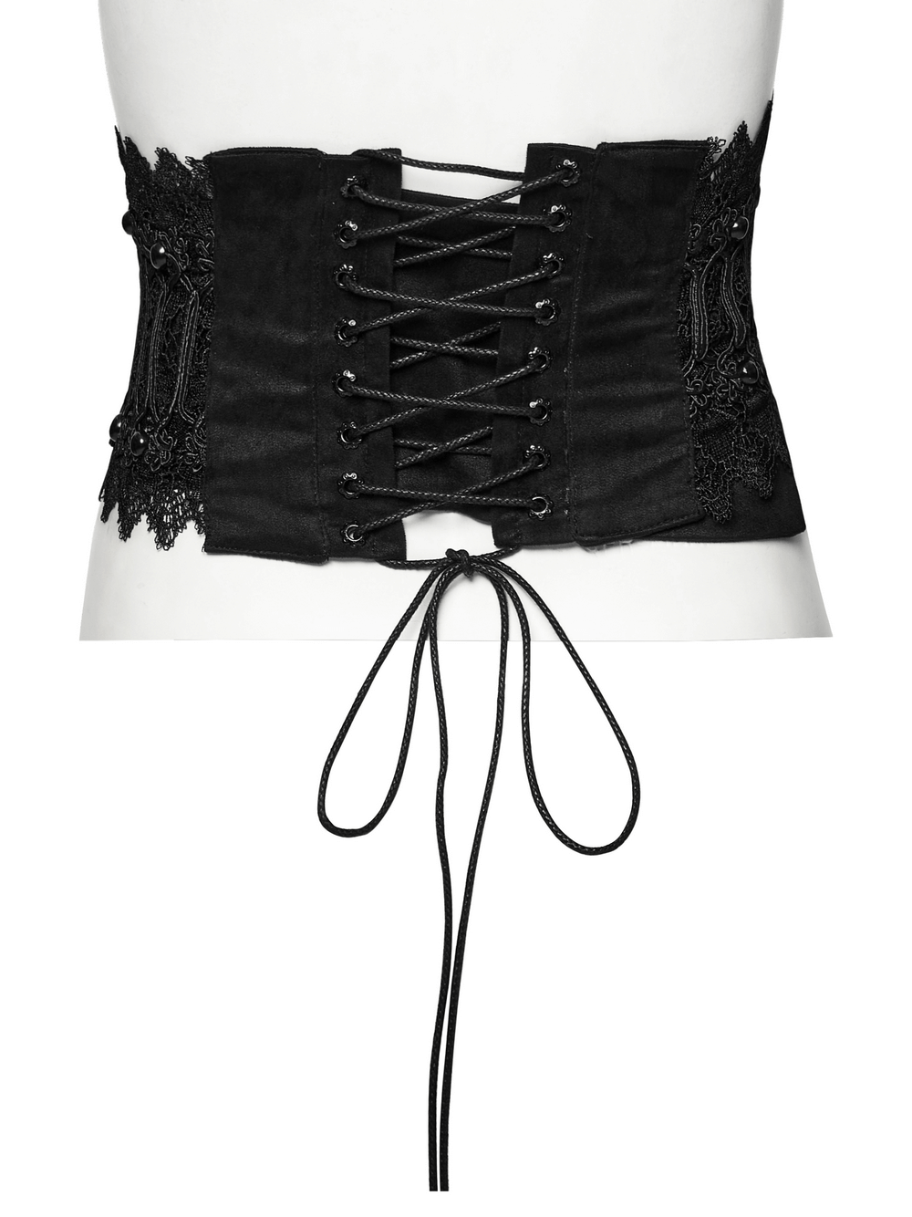 Gothic lace-up black corset belt featuring rivet details and elegant lace accents, perfect for a Victorian-inspired outfit.