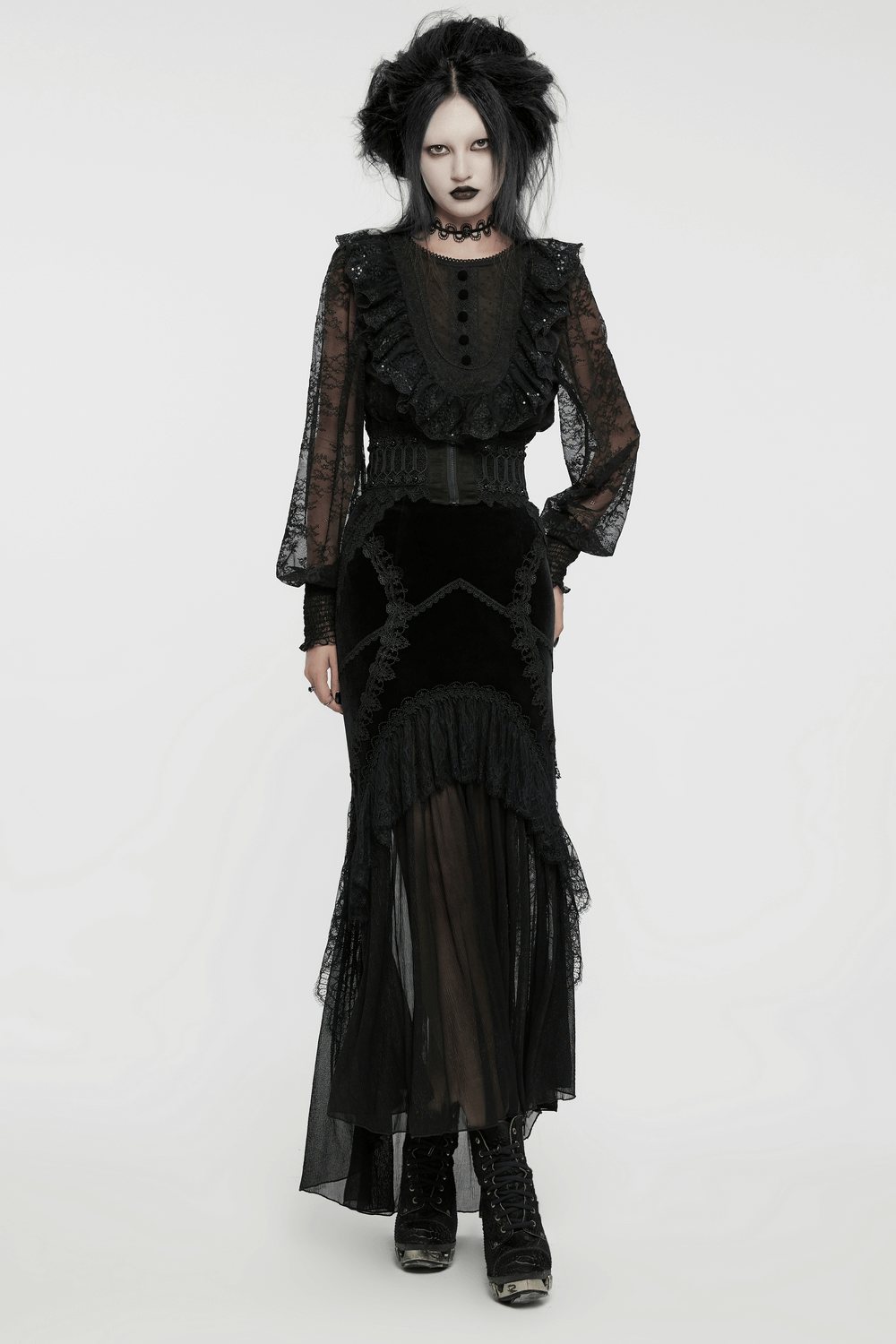 Victorian gothic dress with lace and ruffles, exuding dark elegance and intricate detailing.