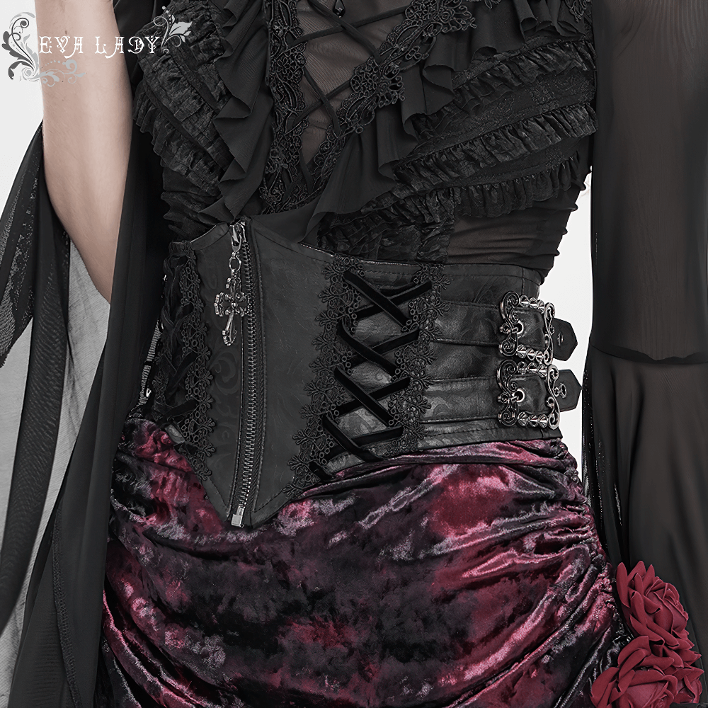 Gothic Lace-Up Black Corset Waist Belt with Cross Details featuring lace-up and zipper front for a stylish alternative fashion look.