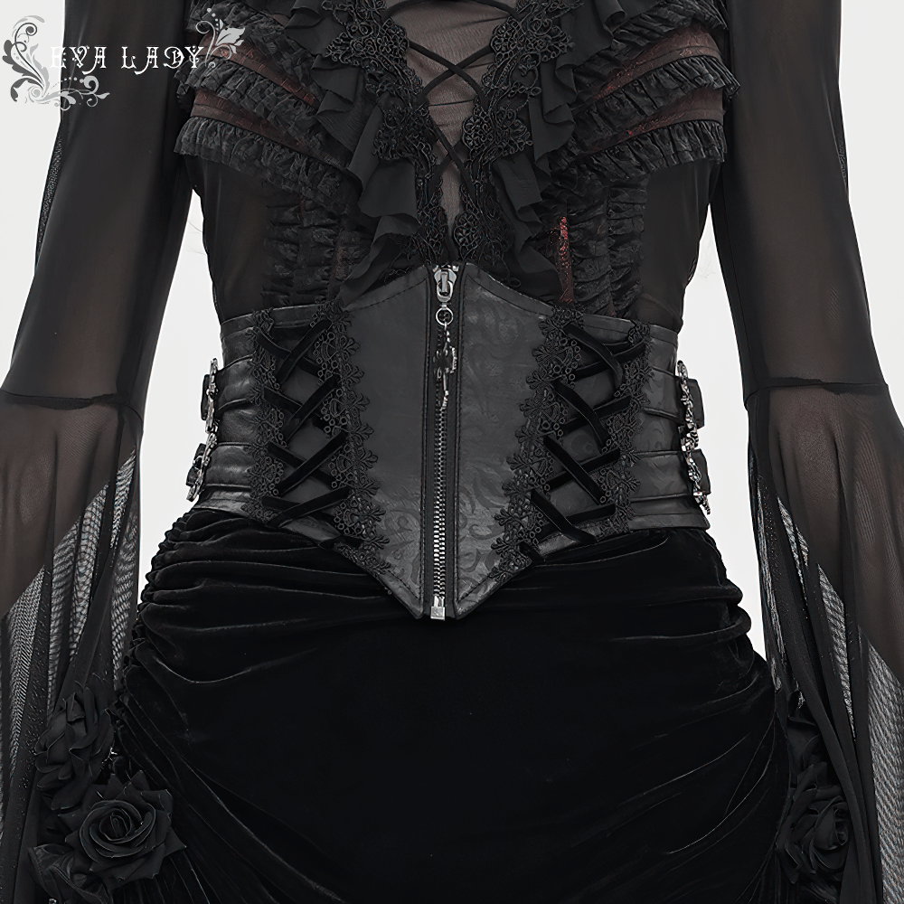 Gothic Lace-Up Black Corset Waist Belt with Cross Details showcasing lace-up design, synthetic leather, and zipper front.