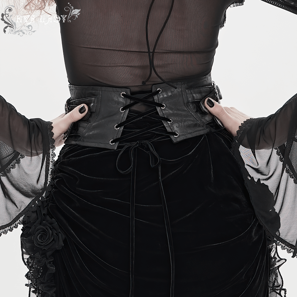 Gothic Lace-Up Black Corset Waist Belt with Cross Details, showcasing lace-up design and intricate detailing.