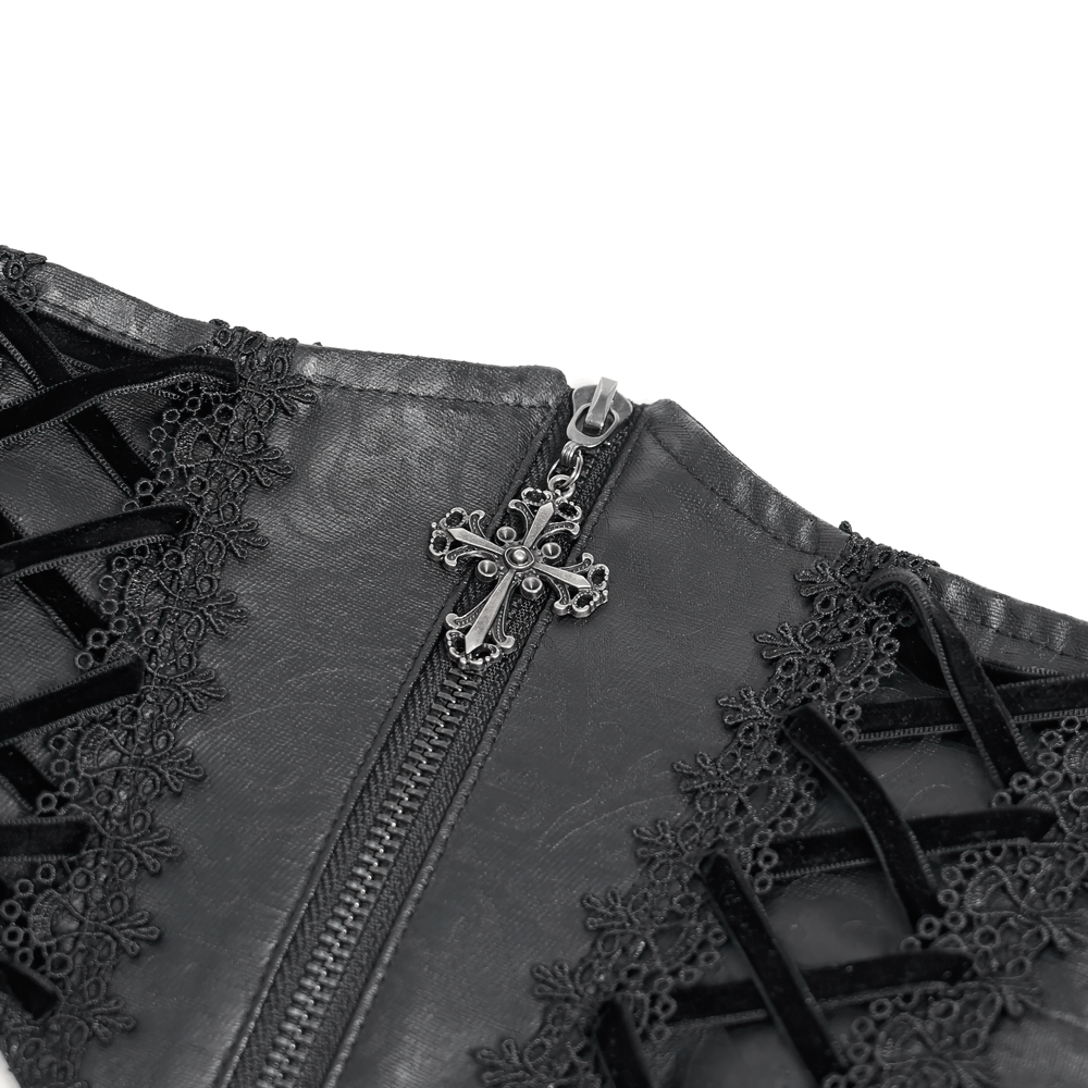 Gothic Lace-Up Black Corset Waist Belt with Cross Details featuring intricate lace and zipper closure.