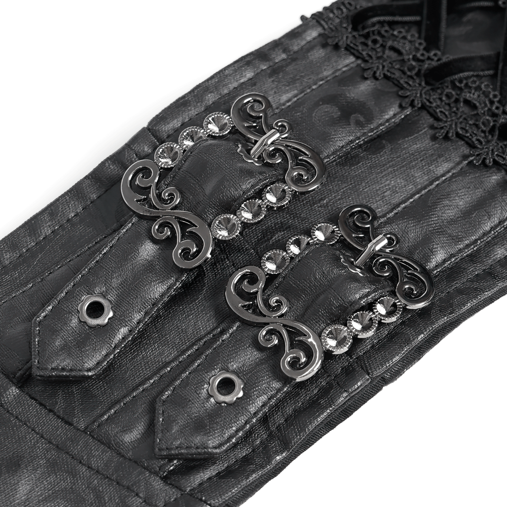 Gothic Lace-Up Black Corset Waist Belt with Cross Details featuring ornate silver buckles and lace accents.