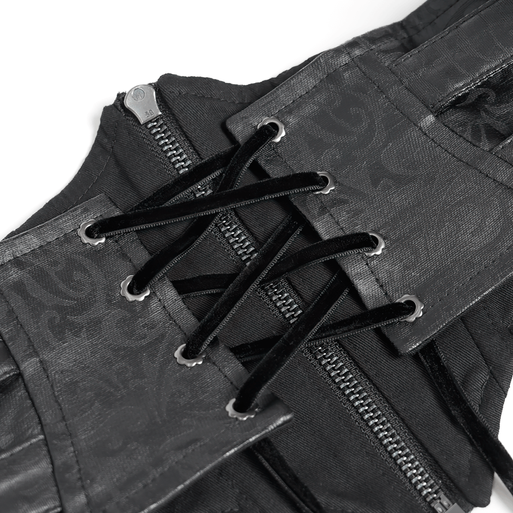 Gothic Lace-Up Black Corset Waist Belt with Cross Details showing lace-up and zipper details on synthetic leather.