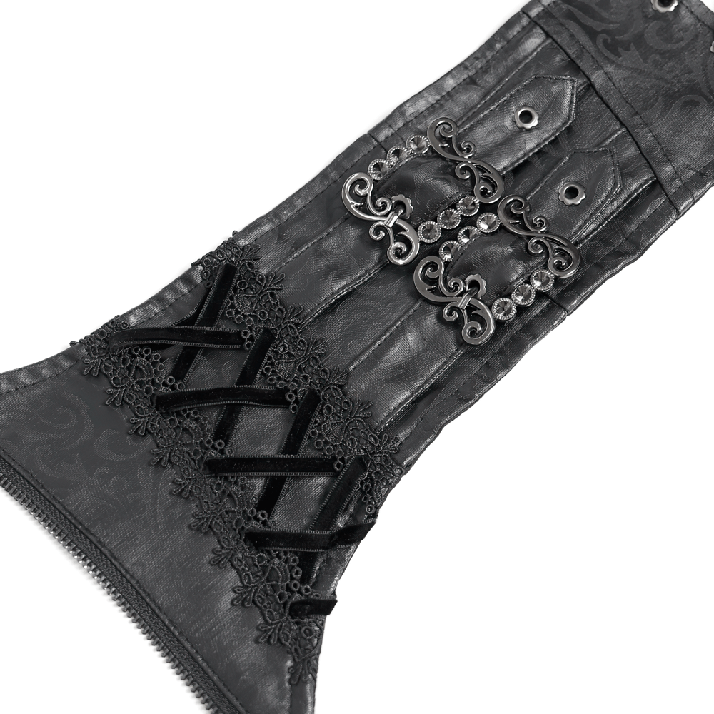 Gothic Lace-Up Black Corset Waist Belt with Cross Details featuring intricate lace-up and cross embellishments.