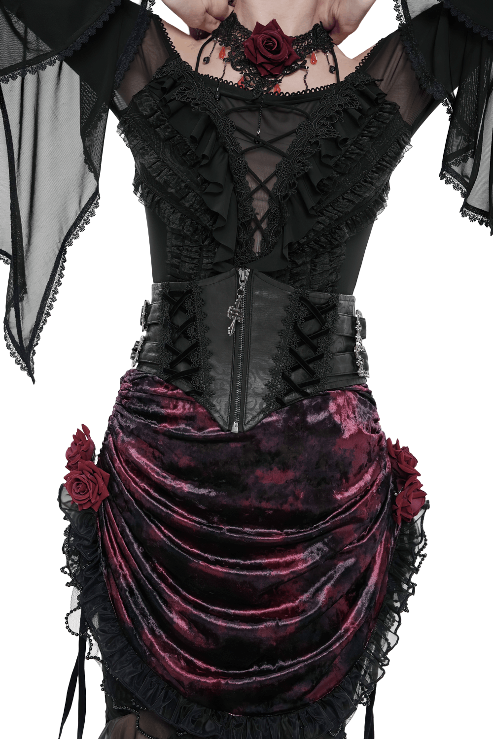 Gothic Lace-Up Black Corset Waist Belt with Cross Details worn with a dramatic outfit featuring ruffles and roses.