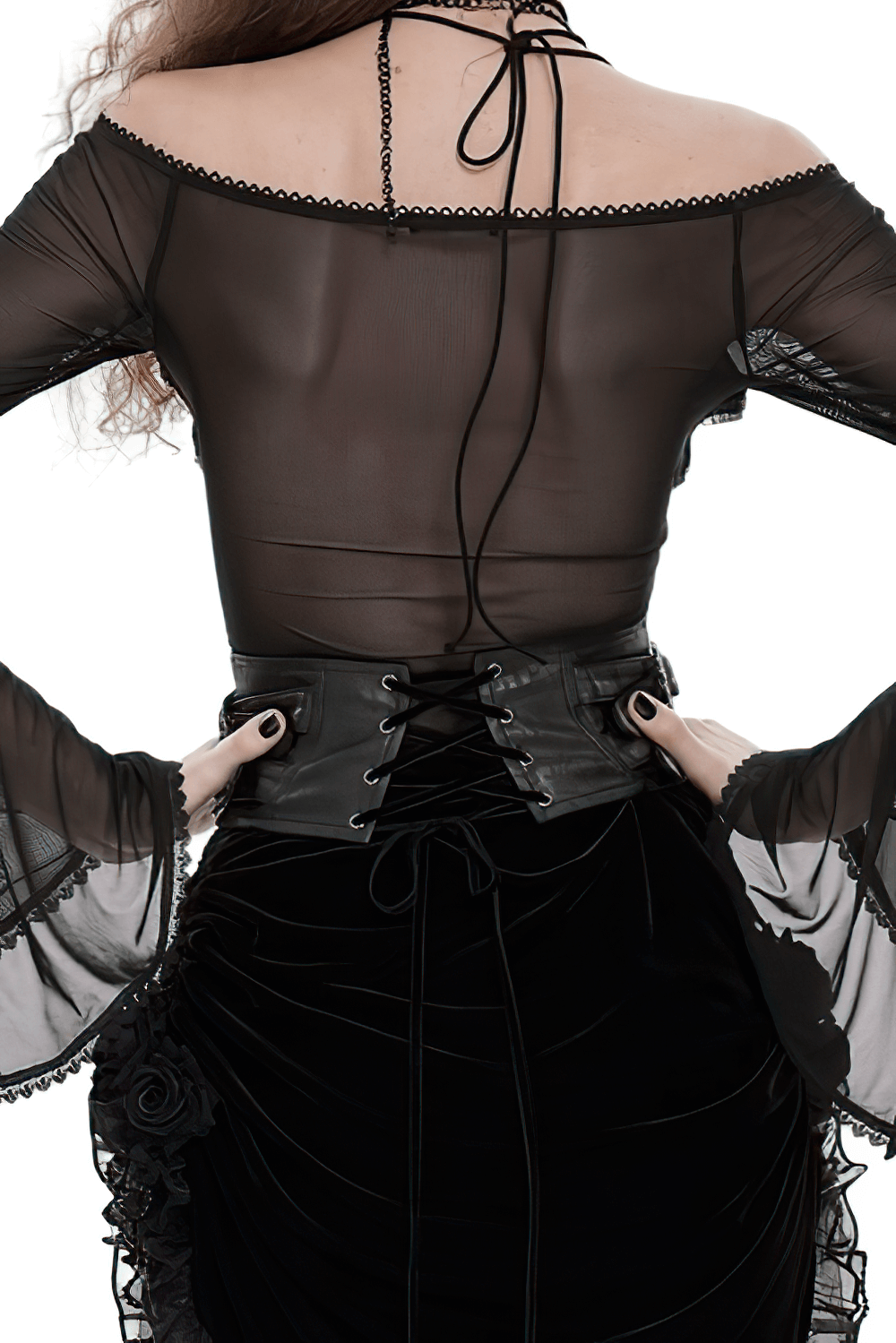 Gothic Lace-Up Black Corset Waist Belt with Cross Details showcased on a model from the back.