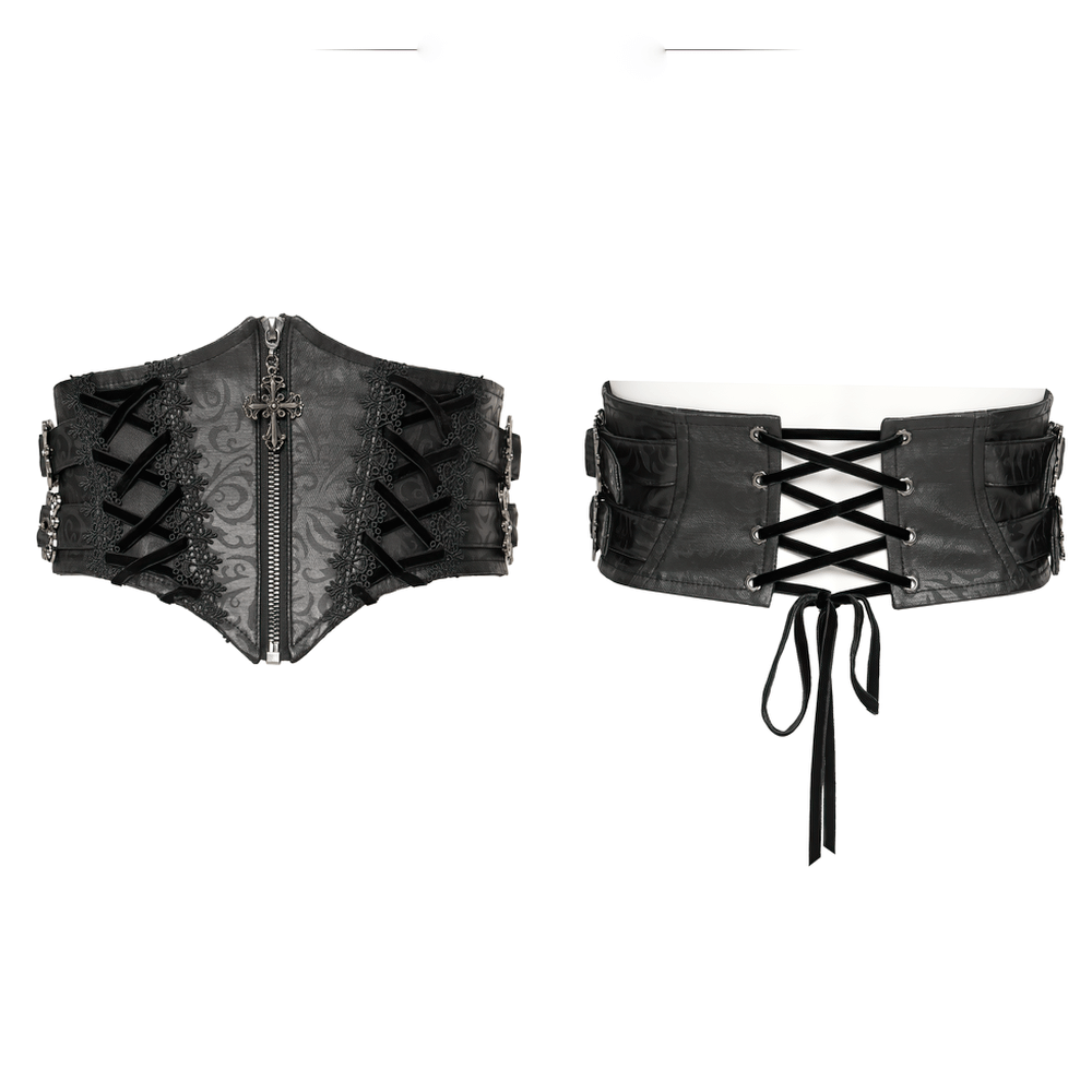 Gothic Lace-Up Black Corset Waist Belt with Cross Details, featuring intricate lace-up design and zipper front.