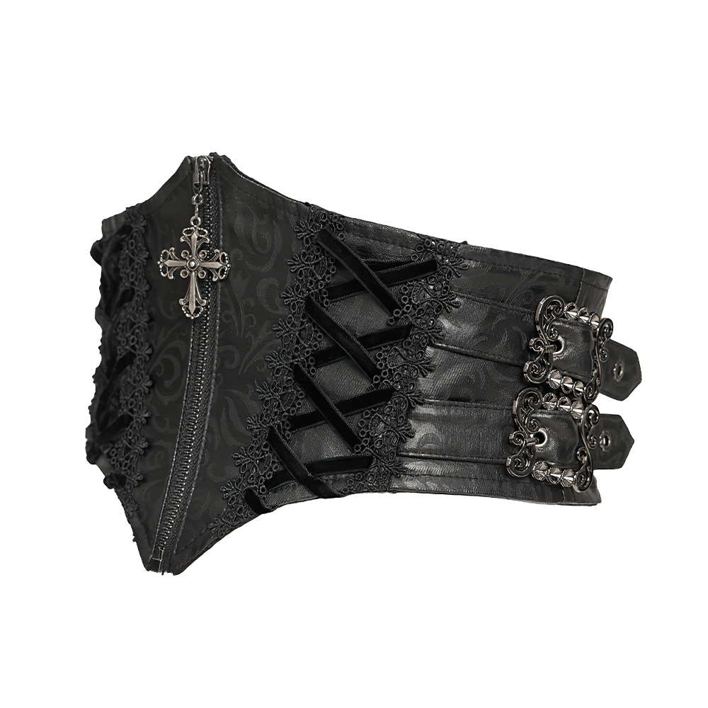 Gothic Lace-Up Black Corset Waist Belt with Cross Details showcasing lace-up design and zipper front.