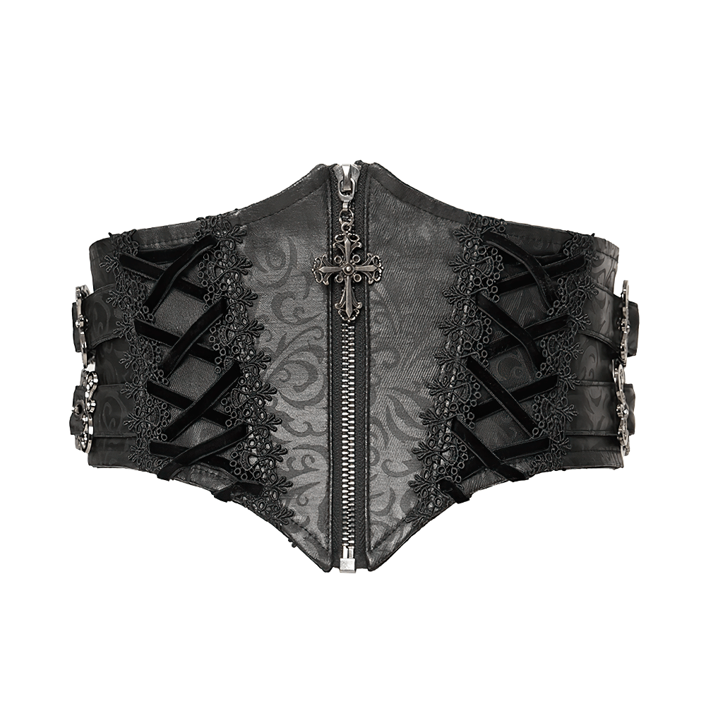Gothic Lace-Up Black Corset Waist Belt with Cross Details featuring lace-up and zipper front design.