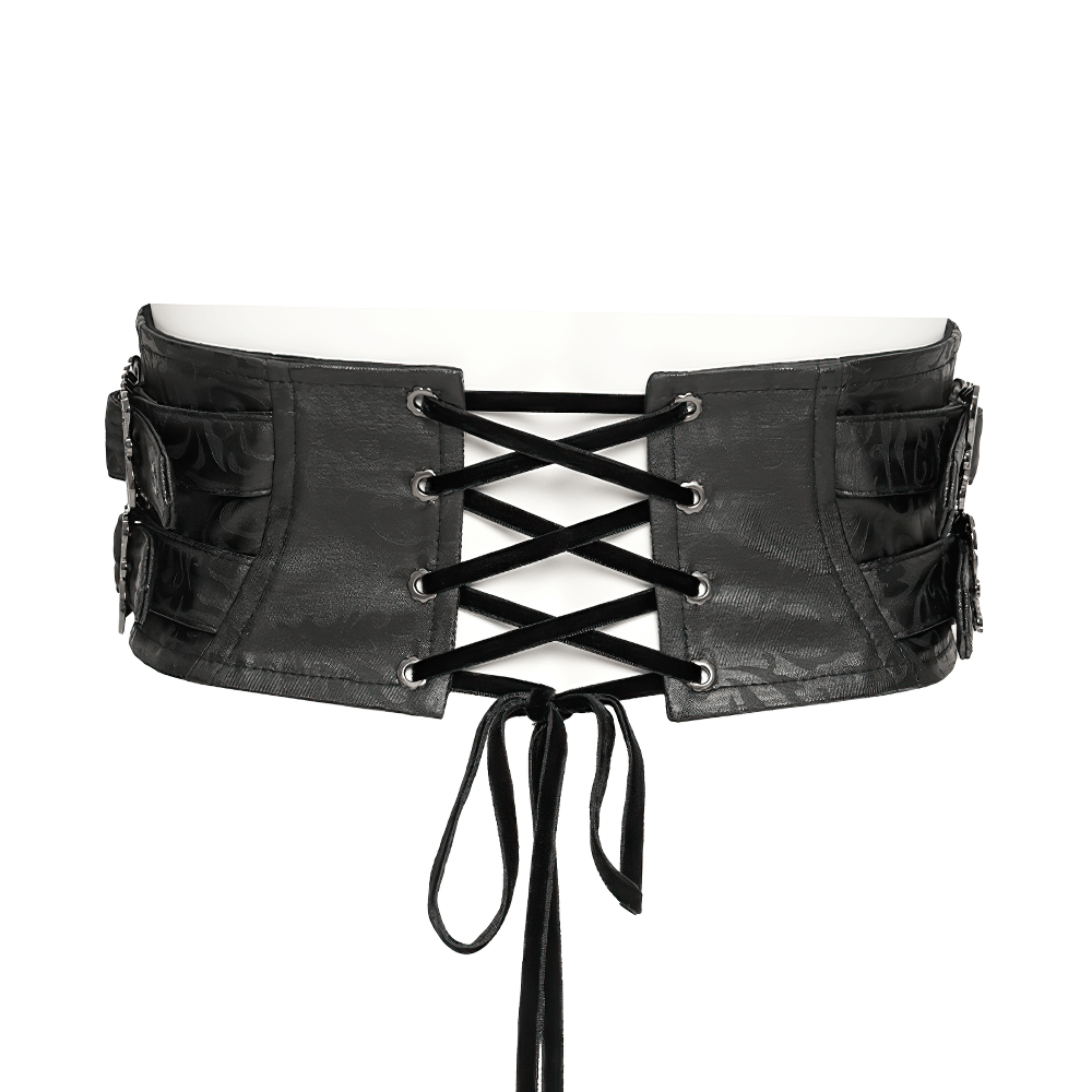Gothic Lace-Up Black Corset Waist Belt with Cross Details showcasing lace-up and cross embellishments.